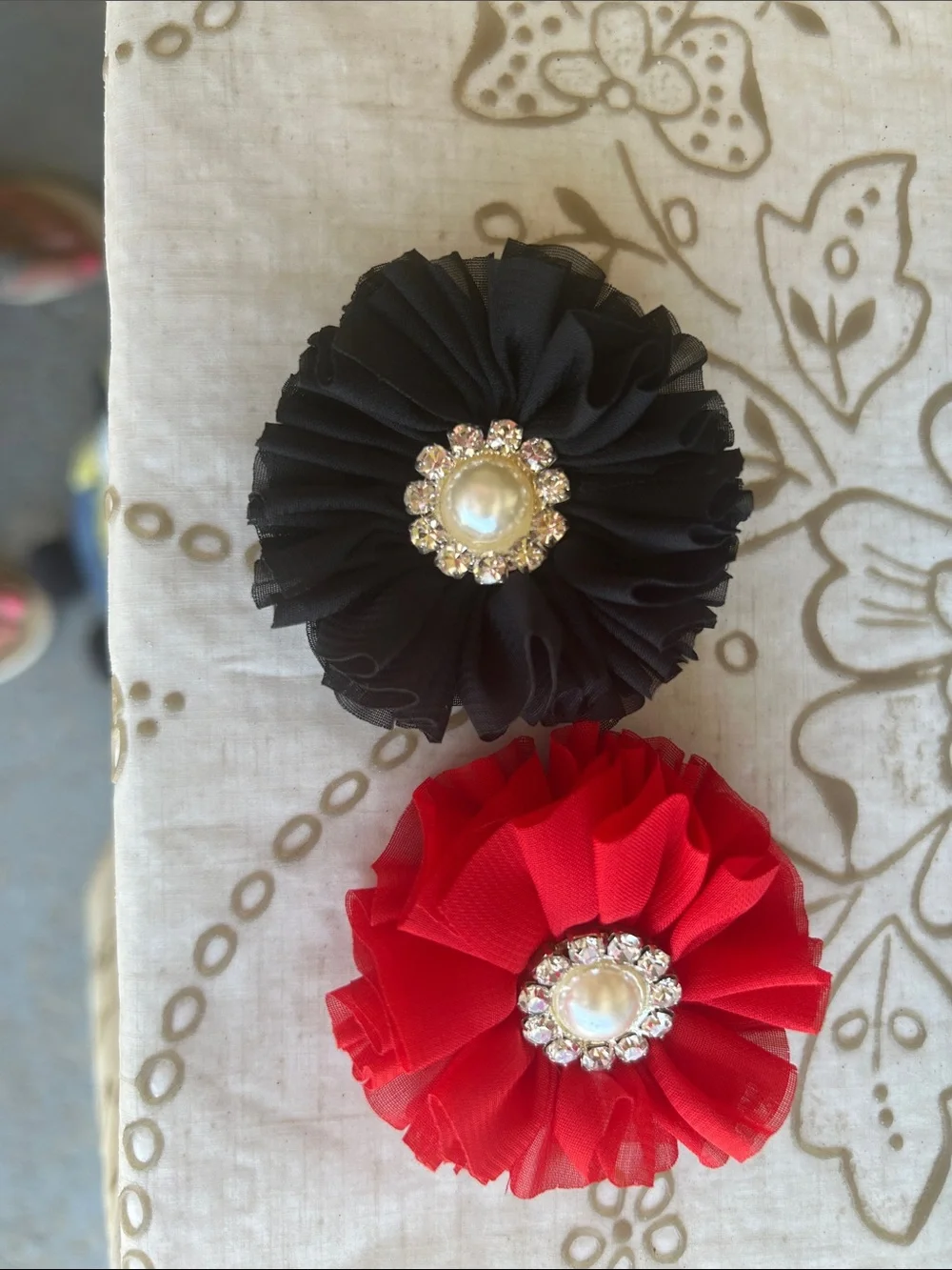 Ruffled Flower Hair Clips in Black and Red with Pearl Rhinestone Centers